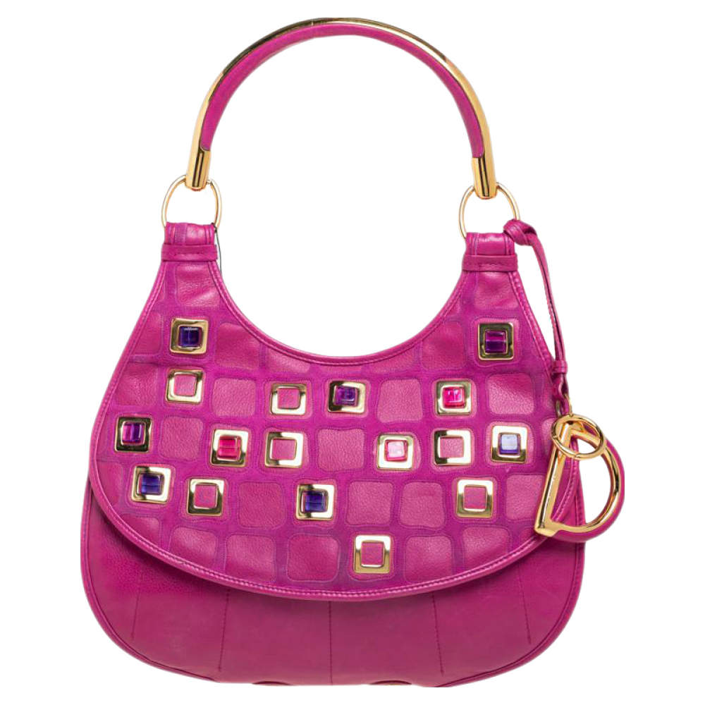 Pre Owned Dior Pink Leather 61 Bejeweled Hobo 