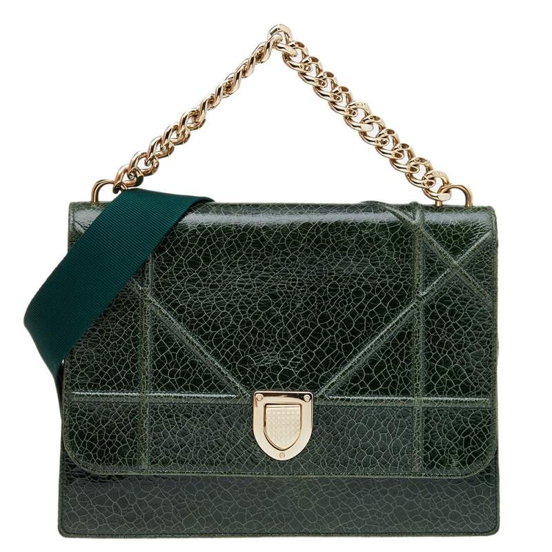 مملوكة مسبقًا Dior Green Crackle Leather Large Diorama Flap Shoulder bag