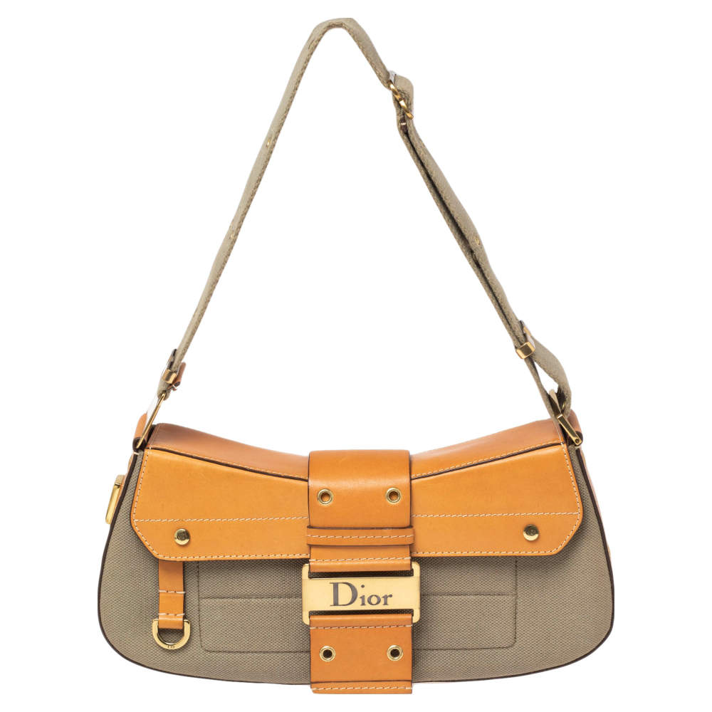 Dior Tan/Khaki Green Canvas and Leather Street Chic Shoulder Bag