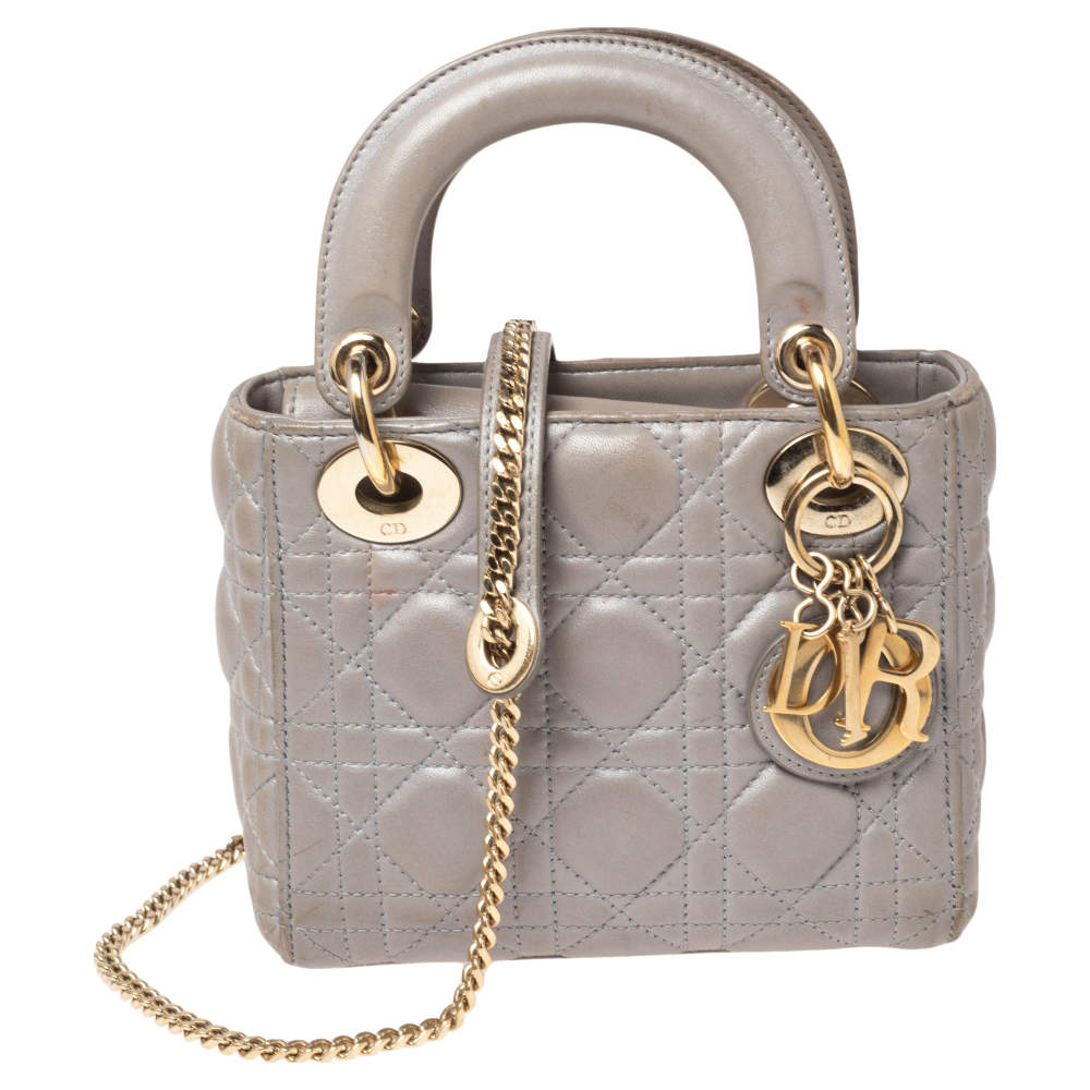 مملوكة مسبقًا Dior Grey Cannage Leather Mini Chain Lady Dior Tote