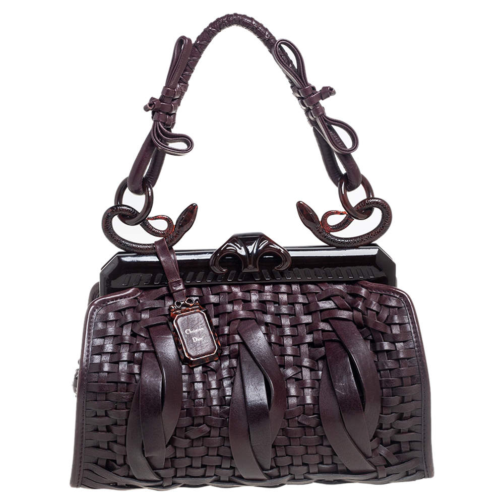 Pre Owned Dior Dark Brown Woven Leather Limited Edition Samourai Armour Frame Bag