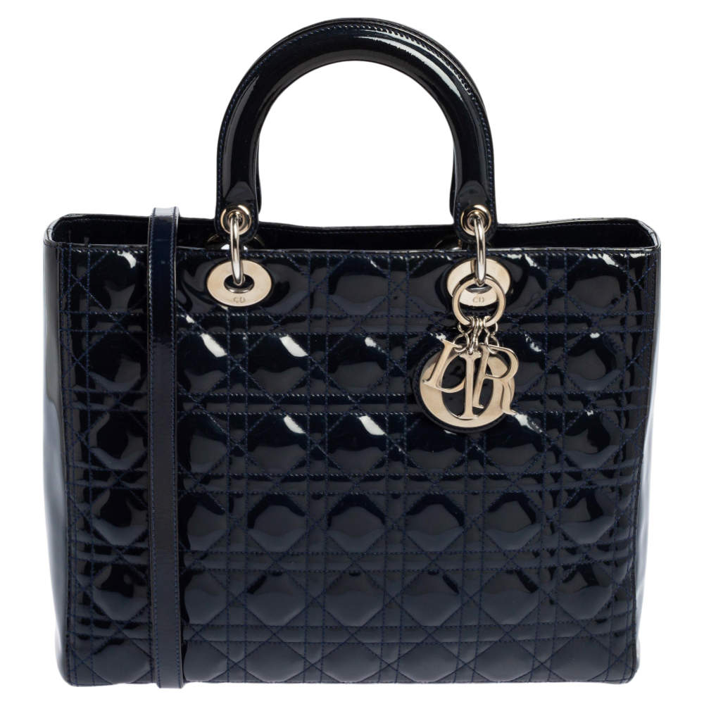 Dior Midnight Blue Cannage Patent Leather Large Lady Dior Tote