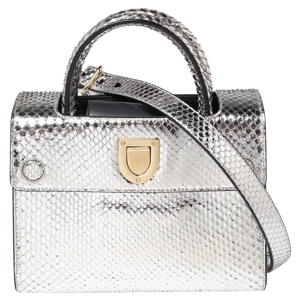 Pre Owned Dior Metallic Silver Python Mini Diorever Tote