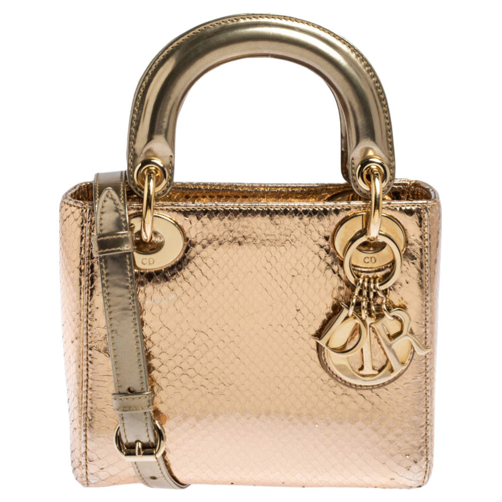 Pre Owned Dior Gold Snakeskin Mini Lady Dior Tote