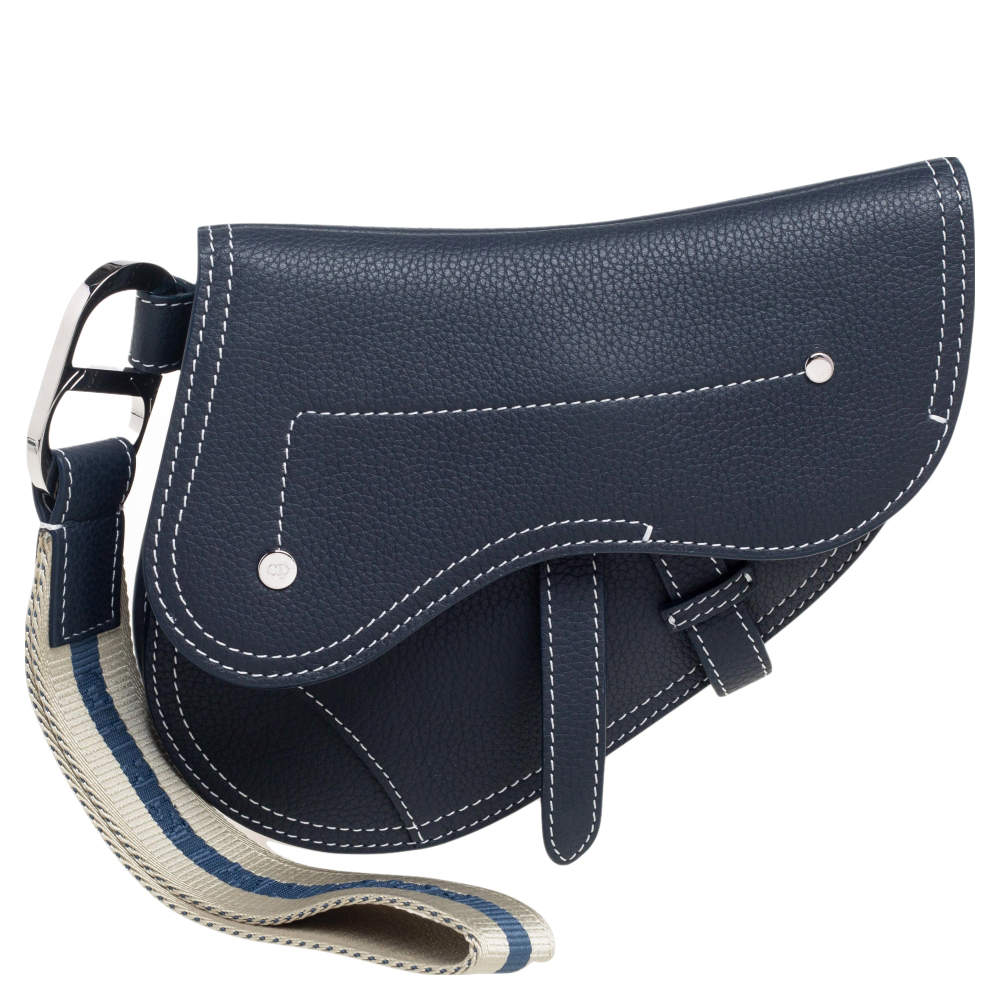 Pre Owned Dior Navy Blue Leather Saddle Wristlet Clutch