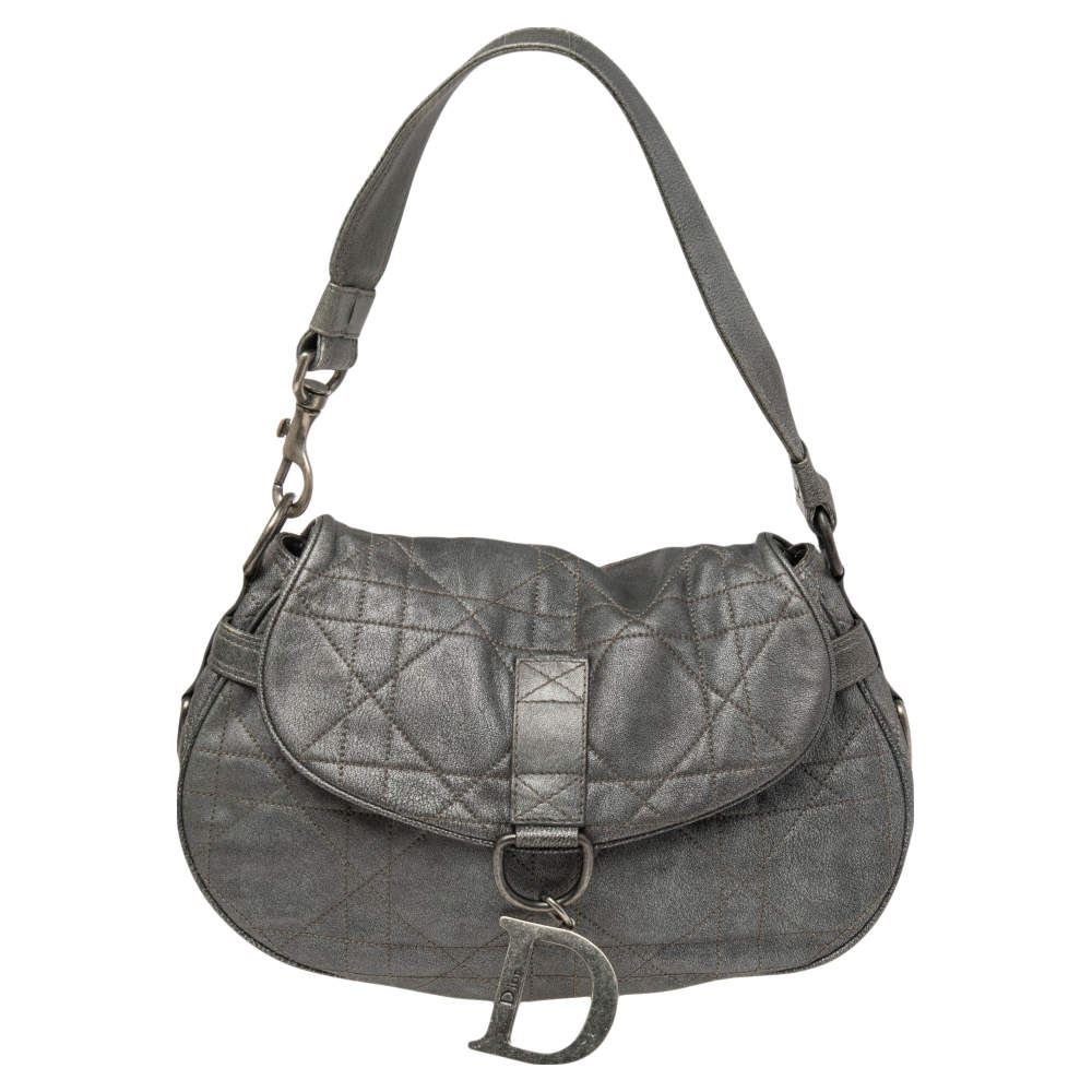 Pre Owned Dior Grey Cannage Leather Flap Hobo
