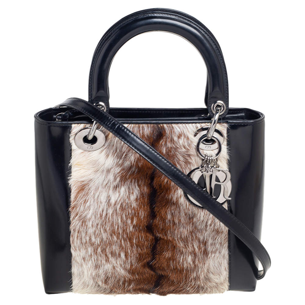 Pre Owned Dior Tricolor Patent Leather and Calf Hair Lady Dior Tote