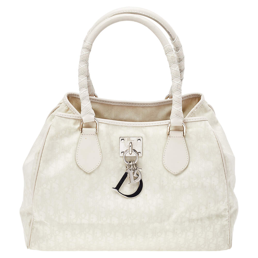 Pre Owned Christian Dior White-Cream Canvas And Leather Diorissimo Small Lovely Tote