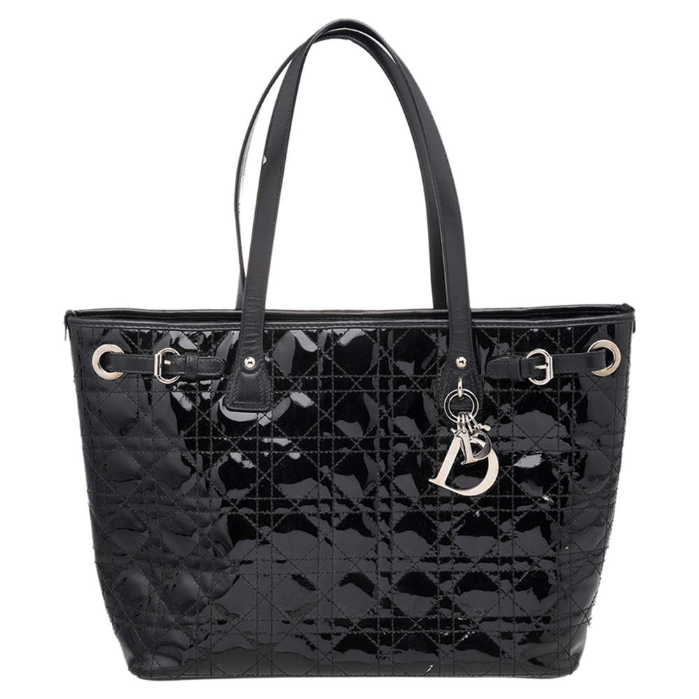 مملوكة مسبقًا Dior Black Cannage Patent and Leather Small Panarea Tote