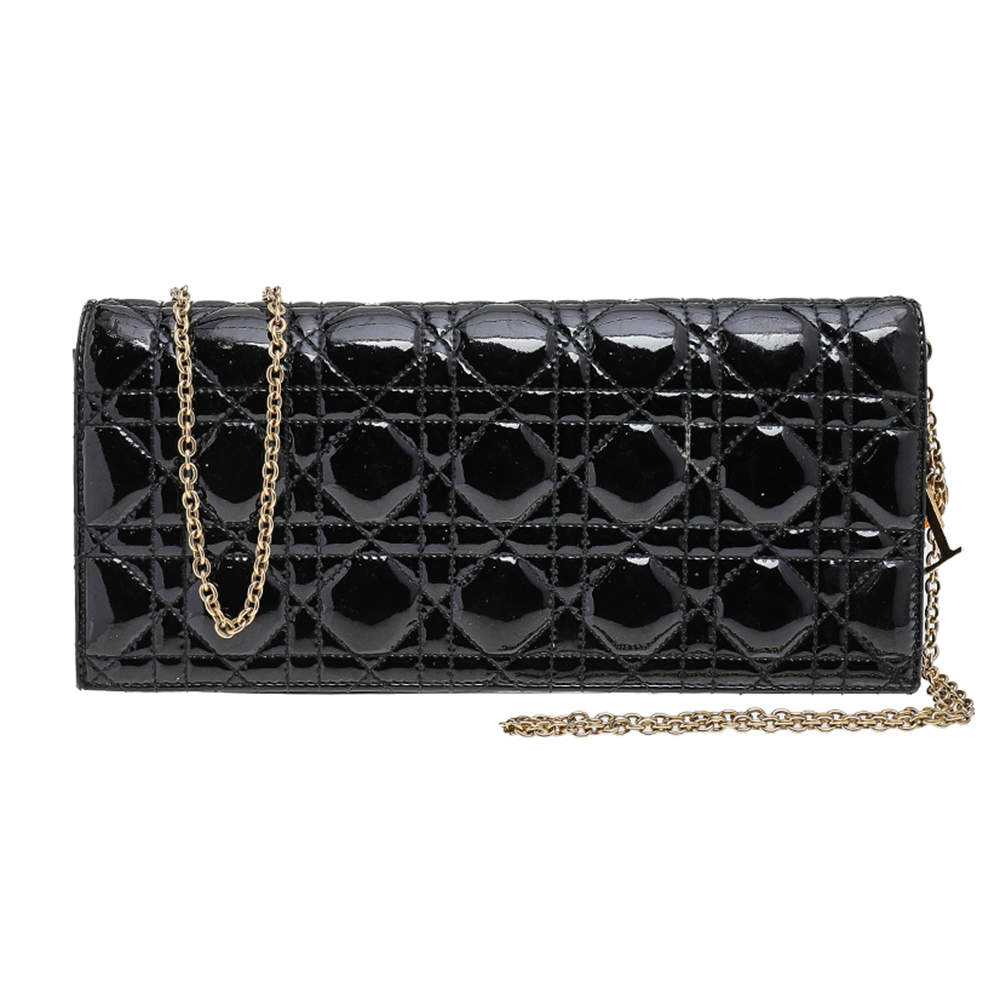 مملوكة مسبقًا حقيبة كلتش ديور ليدي ديور جلد لامع مبطن كاناج أسود بسلسلة