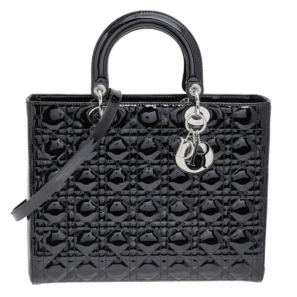Pre Owned Dior Black Cannage Patent Leather Large Lady Dior Tote