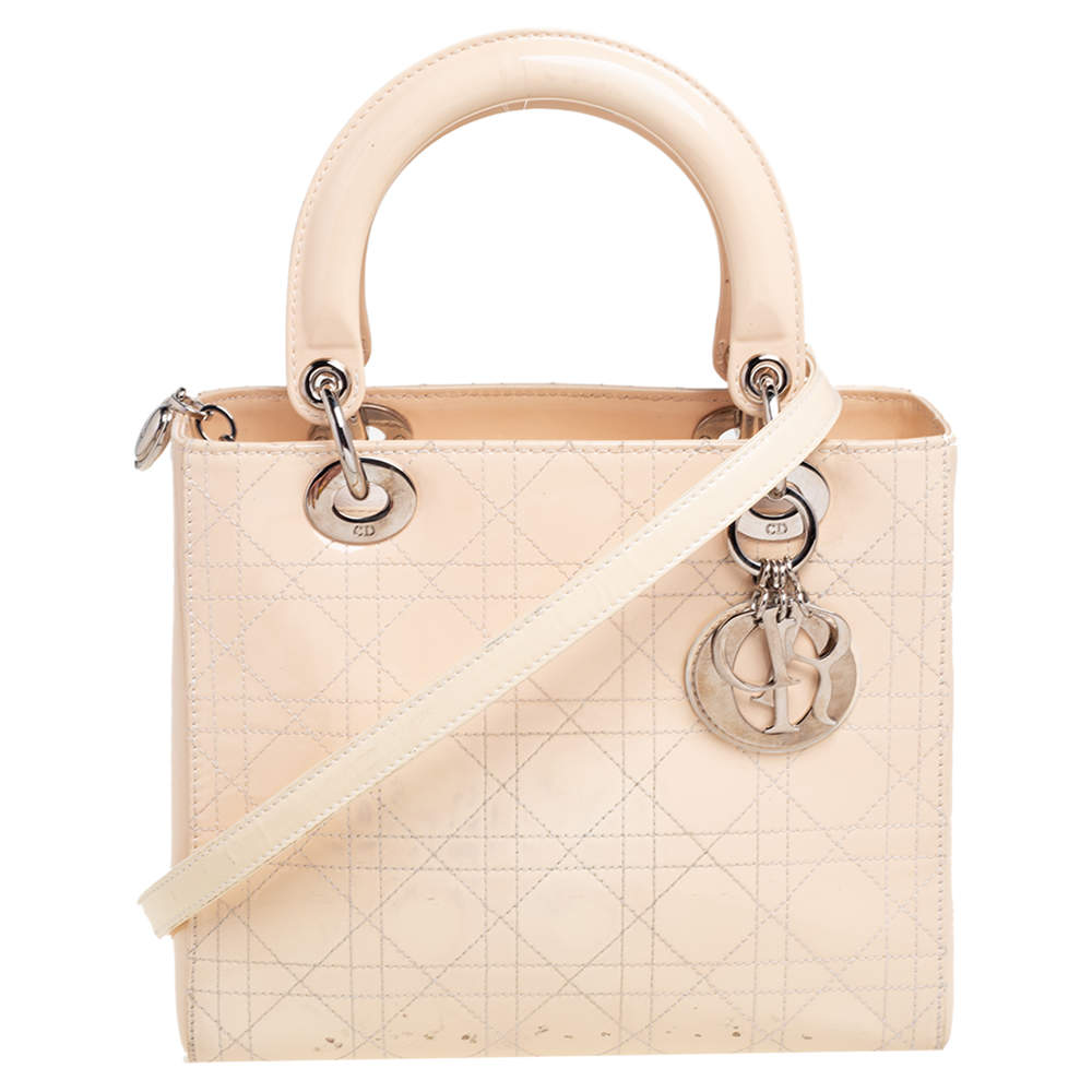 Pre Owned Dior Cream Cannage Patent Leather Medium Lady Dior Tote