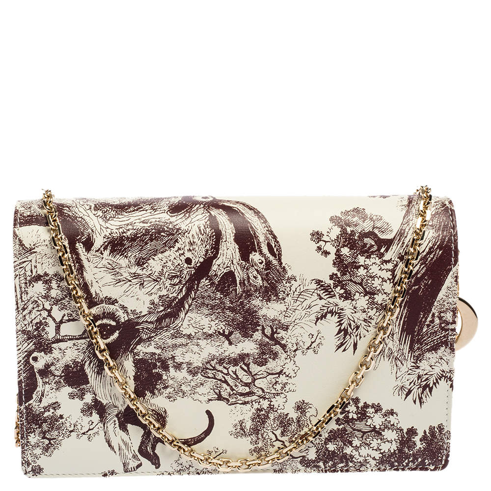 Pre Owned محفظة بسلسلة ديور ليدي ديور تويل دو جوي جلد مطبوع أبيض