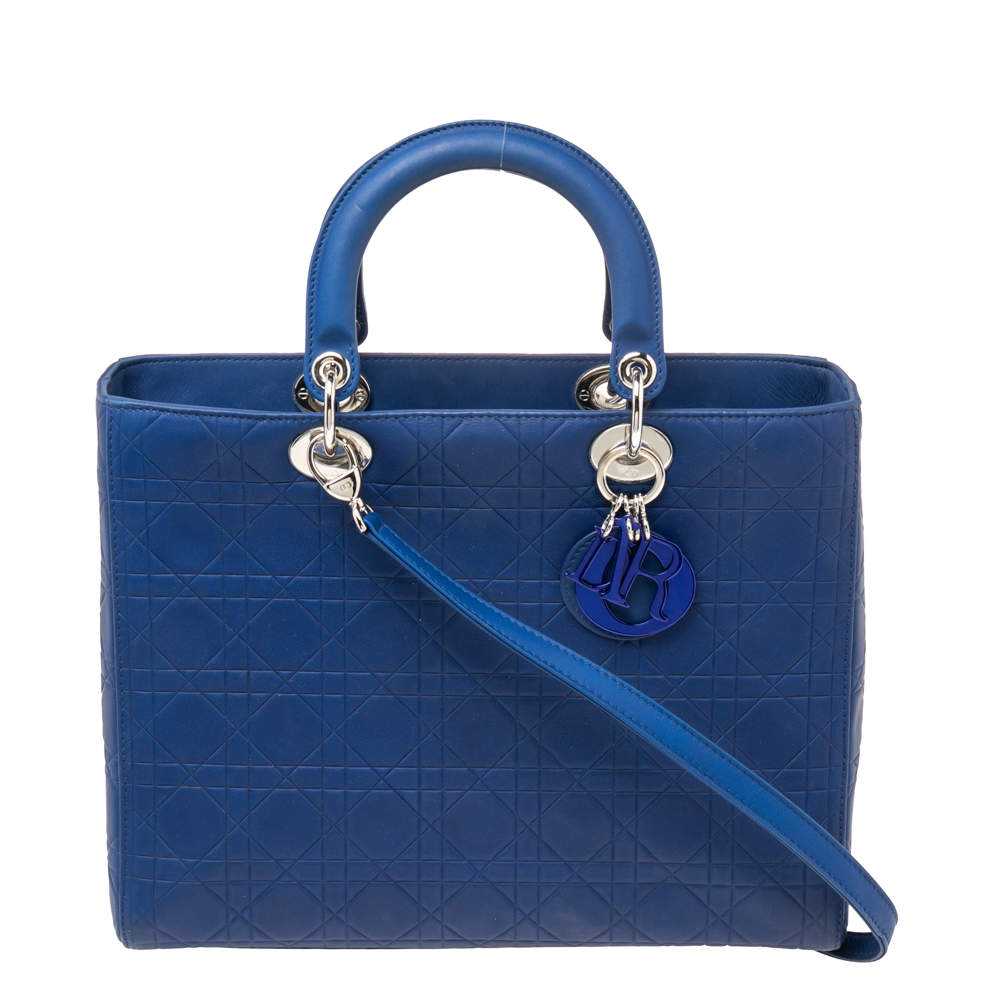 مملوكة مسبقًا Dior Blue Ultramatte Cannage Quilted Leather Large Lady Dior Tote