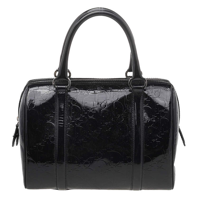 Pre Owned Dior Black Oblique Monogram Patent Leather Boston Bag