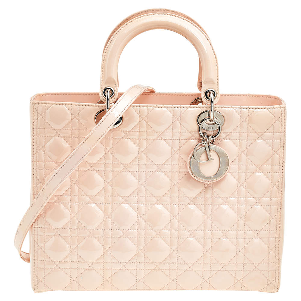 Pre Owned حقيبة يد ديور ليدي ديور كبيرة جلد لامع كاناج وردي فاتح