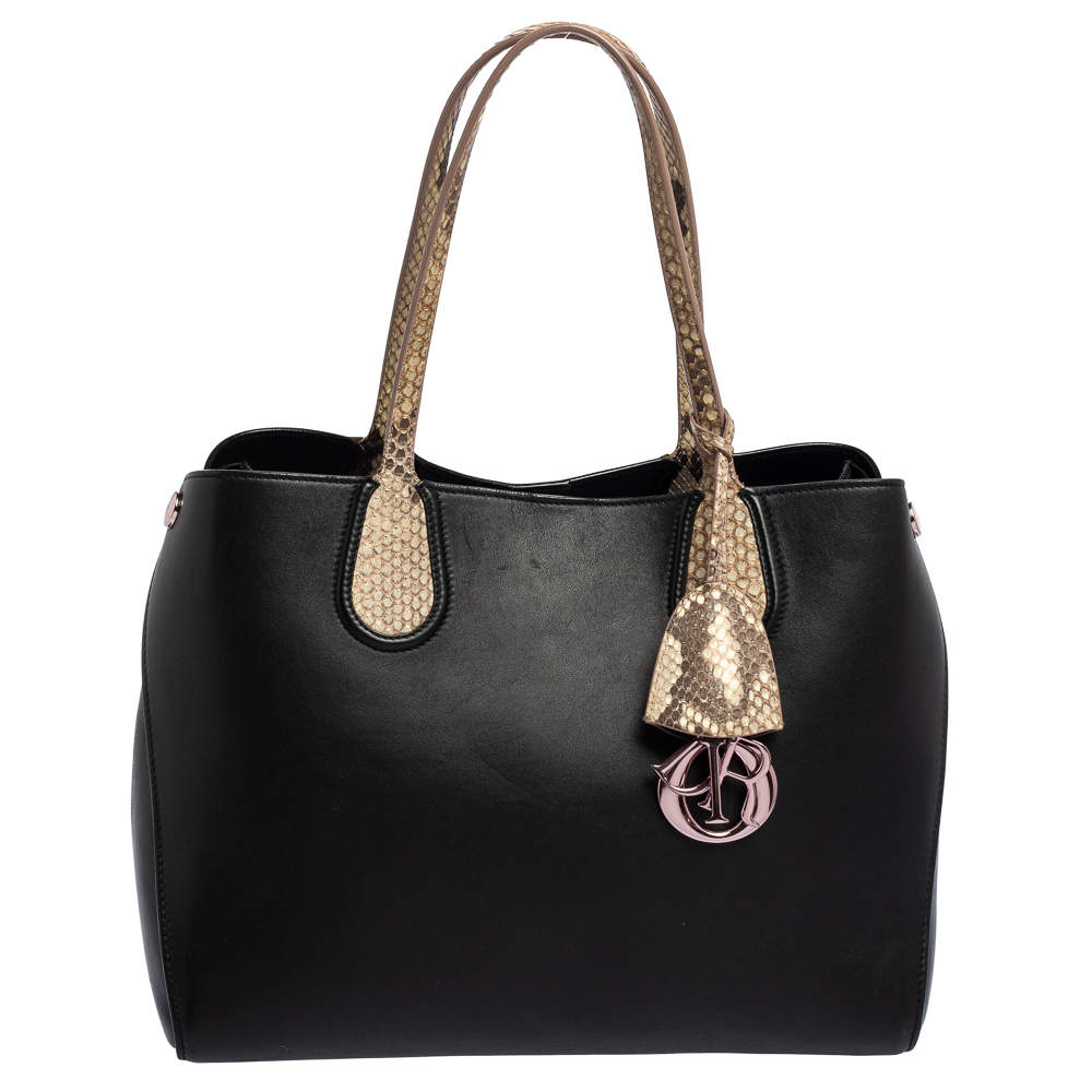 Dior Black/Beige Leather and Python Small Dior Addict Shopper Tote Dior ...