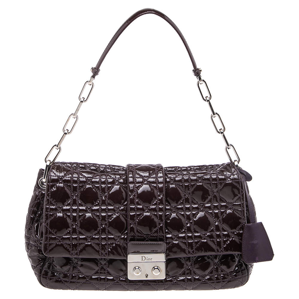 Pre Owned Dior Dark Plum Cannage Quilted Patent Leather New Lock Flap Bag