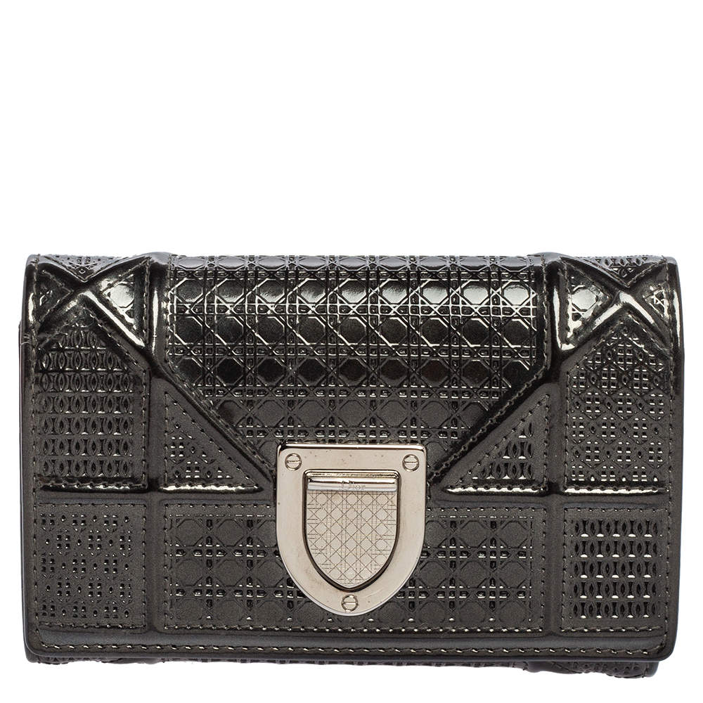 Dior Grey Micro Cannage Patent Leather Diorama Trifold Wallet