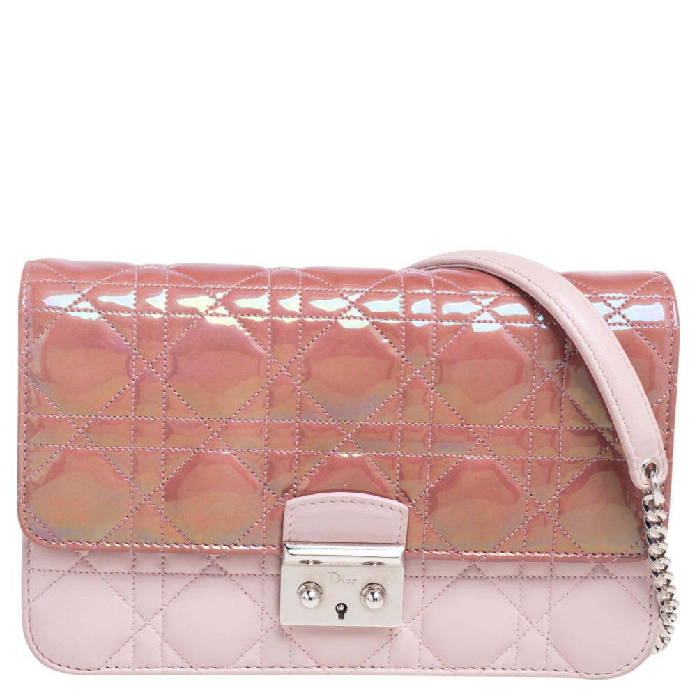 Pre Owned Dior Iridescent/Pink Cannage Quilted Patent and Leather New Lock Clutch Bag