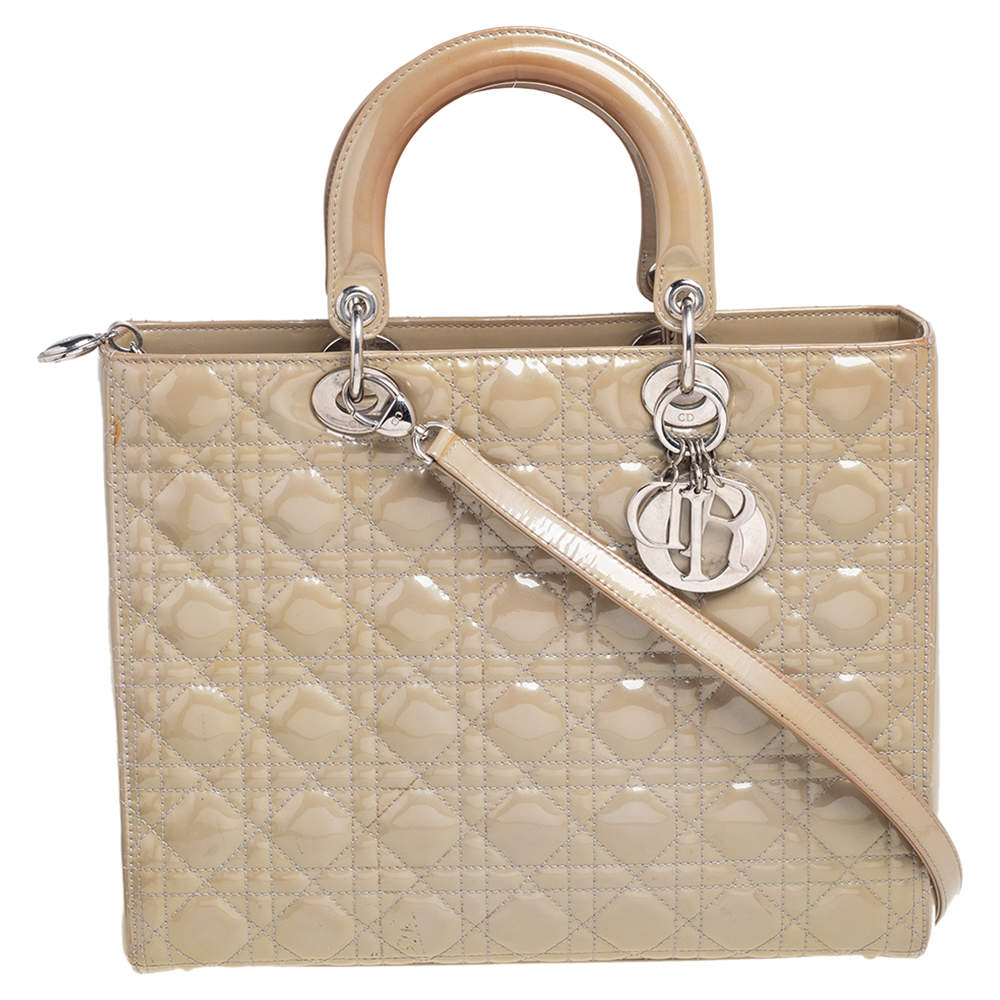 Pre Owned Dior Beige Cannage Patent Leather Large Lady Dior Tote