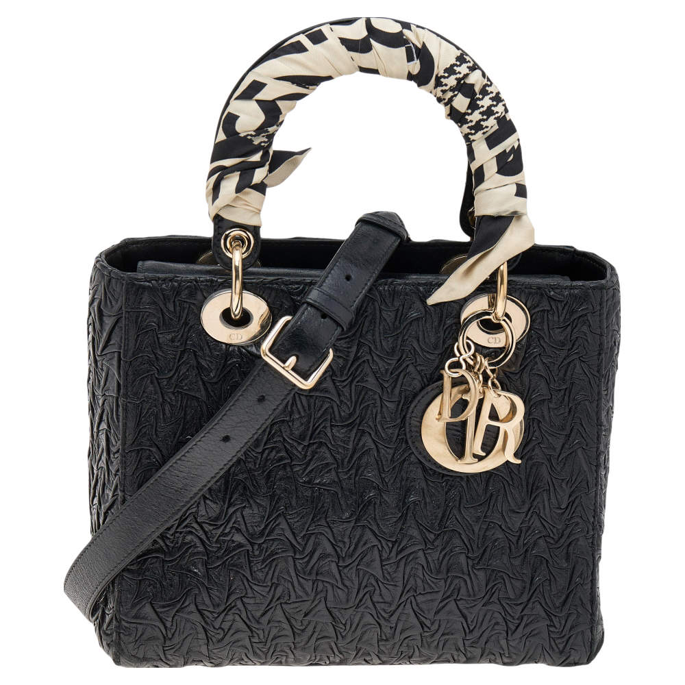 Pre Owned حقيبة يد توتس ديور ليدي ديور جلد مجعد مموج أسود