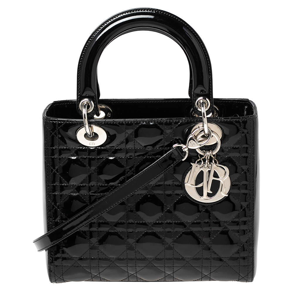 Pre Owned Dior Black Cannage Patent Leather Medium Lady Dior Tote