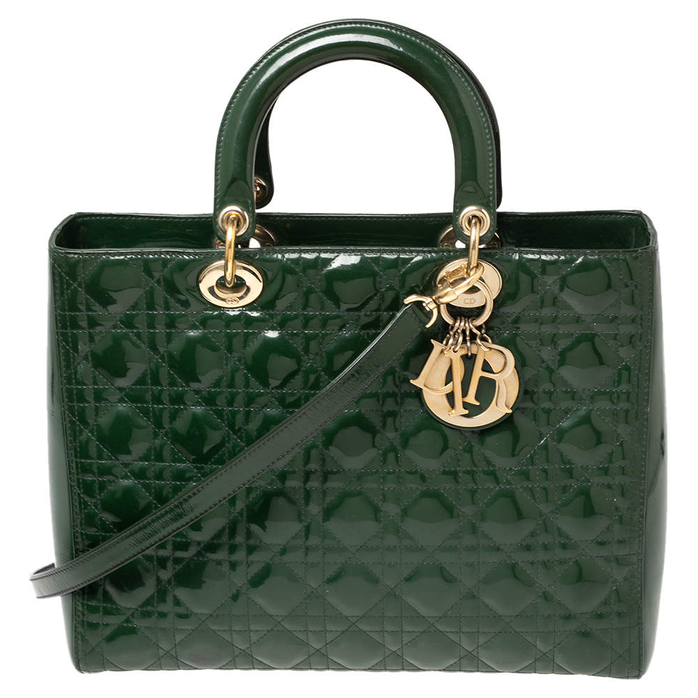 Pre Owned Dior Green Cannage Patent Leather Large Lady Dior Tote