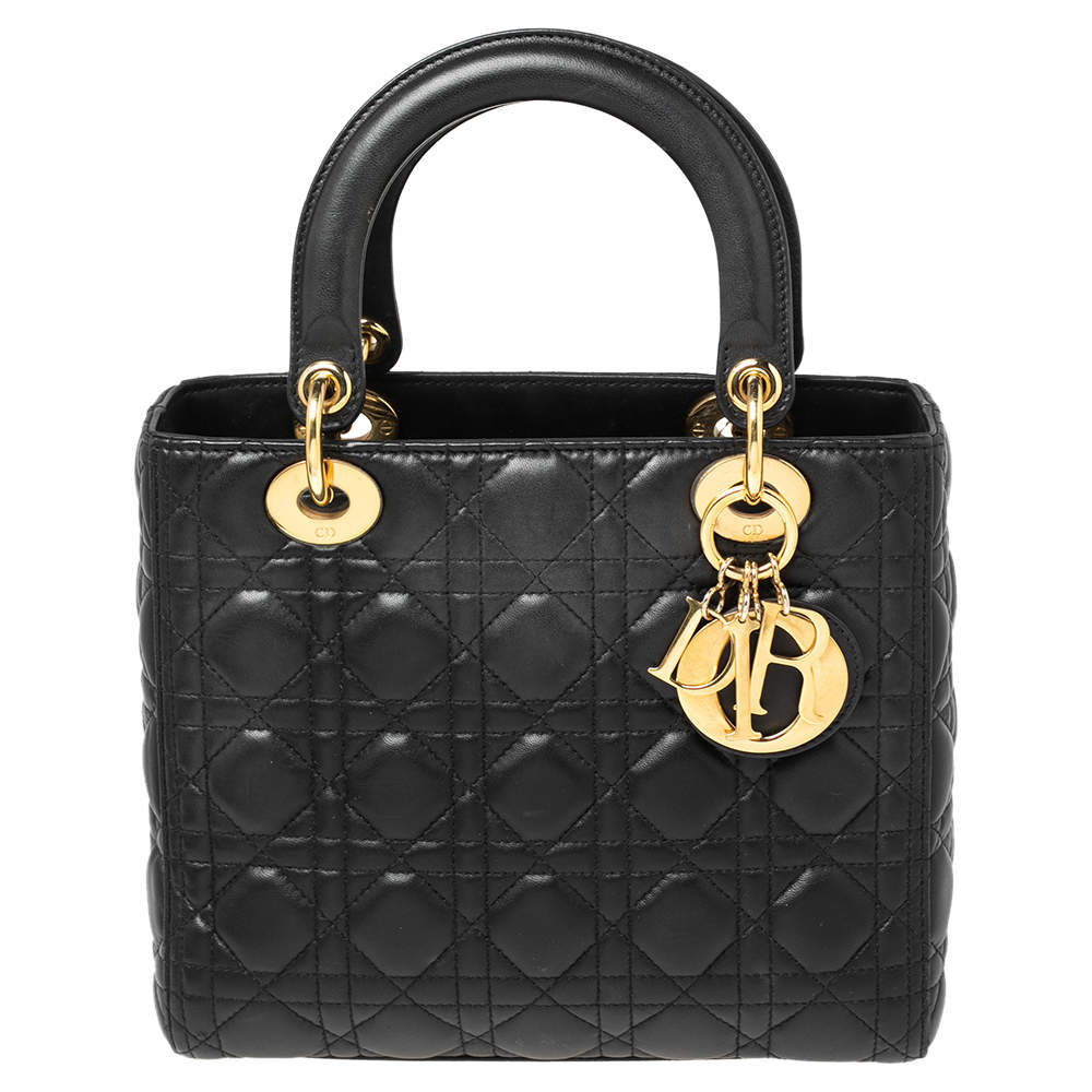 Pre Owned Dior Black Cannage Leather Medium Lady Dior Tote