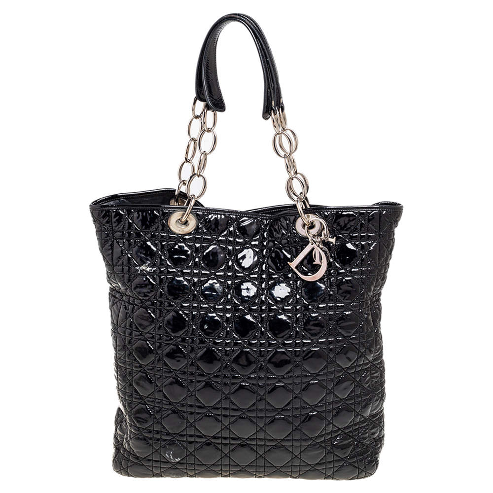 مملوكة مسبقًا حقيبة يد توتس ديور جلد كاناج أسود لامع بسلسلة