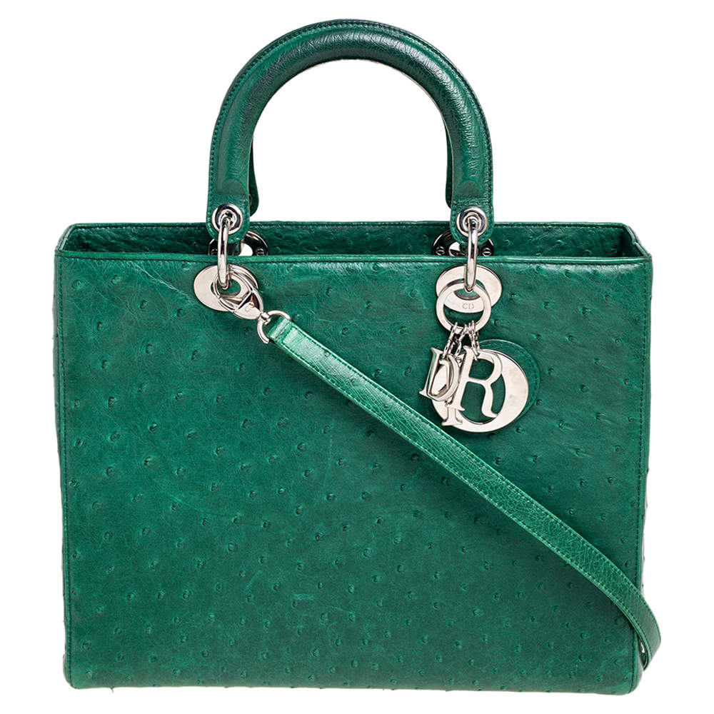 Pre Owned Dior Green Ostrich Large Lady Dior Tote
