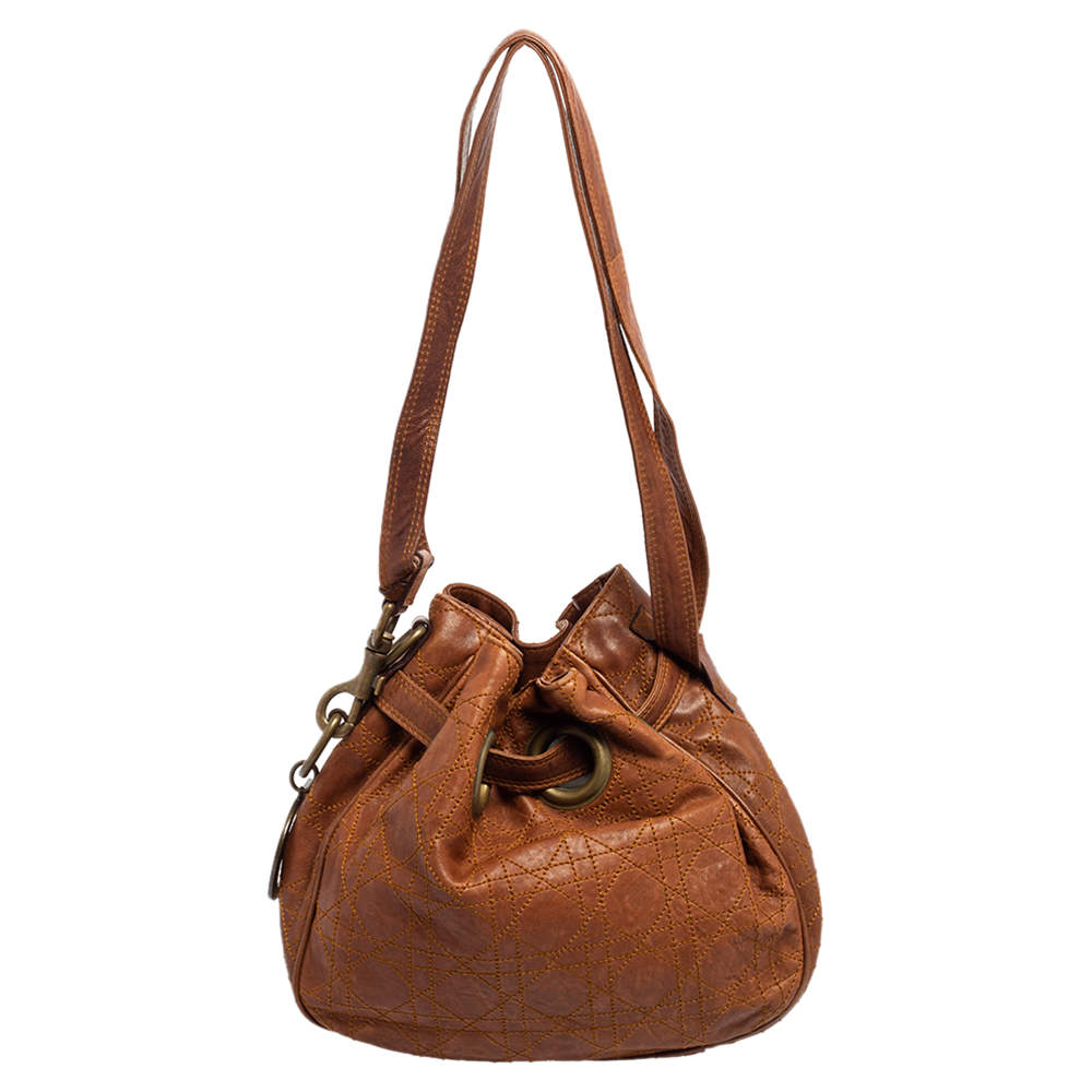 Pre Owned Dior Brown Cannage Leather Drawstring Shoulder Bag