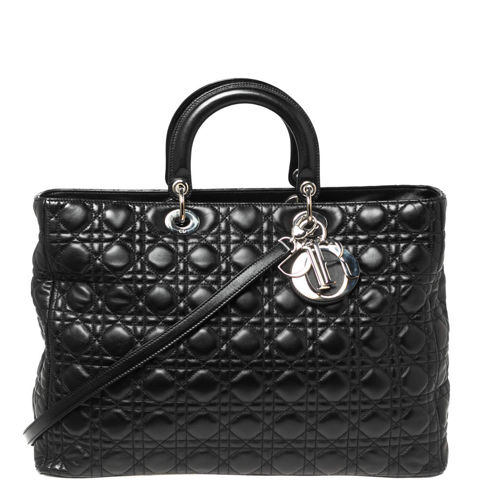 Pre Owned حقيبة ديور يد علوية ليدي ديور كبيرة جدا جلد كاناج أسود