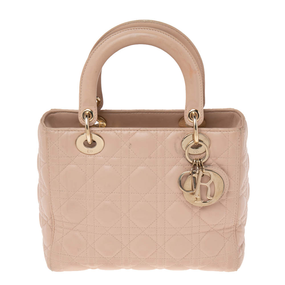 Pre Owned Dior Beige Cannage Leather Medium Lady Dior Tote