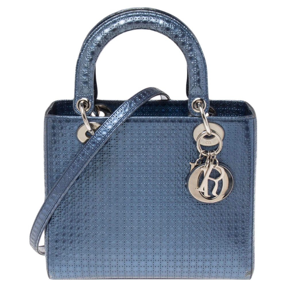 Pre Owned حقيبة يد توتس ديور ليدي ديور جلد ميكرو كاناج أزرق ميتاليك متوسطة 
