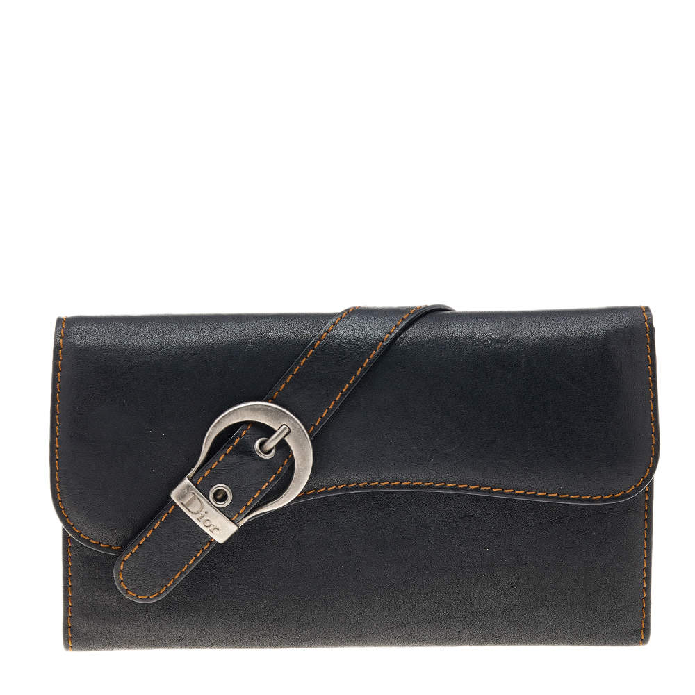 Pre Owned Christian Dior Black Leather Vintage Gaucho Saddle Wallet