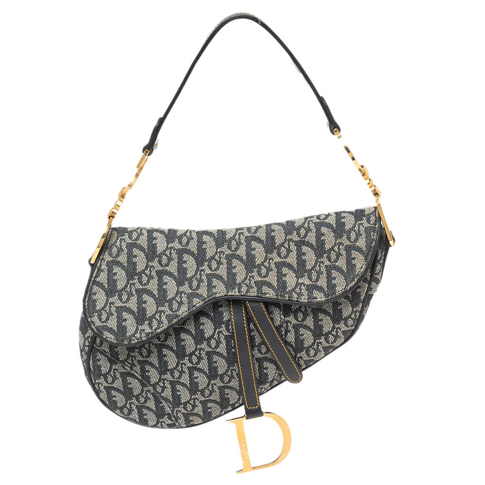 Pre Owned Dior Blue Oblique Denim Saddle Bag