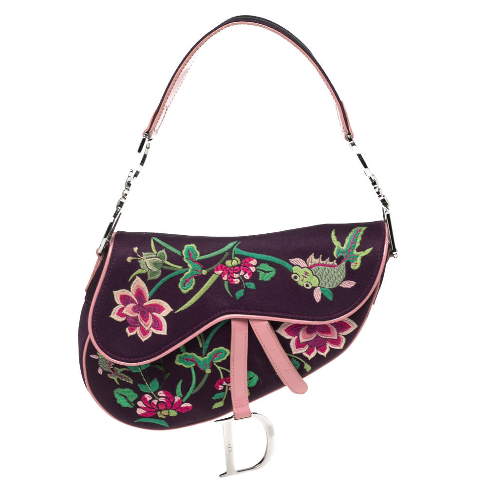 Pre Owned Dior Purple/Pink Floral Embroidered Fabric and Patent Leather Limited Edition Saddle Bag