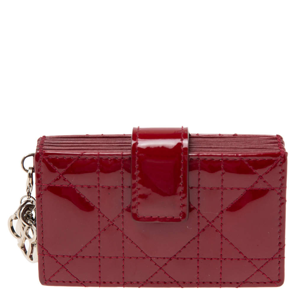 Pre Owned Dior Red Cannage Patent Leather Lady Dior Gusset Card Case