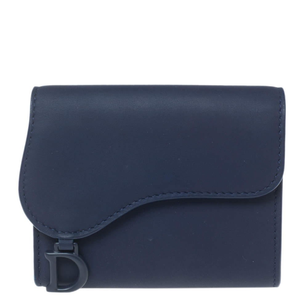 Pre Owned Dior Indigo Ultramatte Leather Saddle Compact Wallet