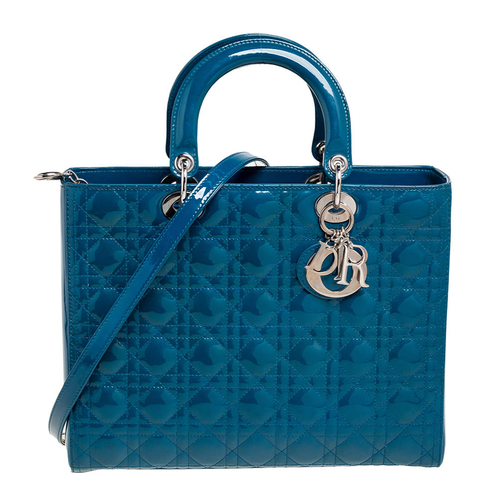 Pre Owned Dior Teal Blue Cannage Patent Leather Large Lady Dior Tote