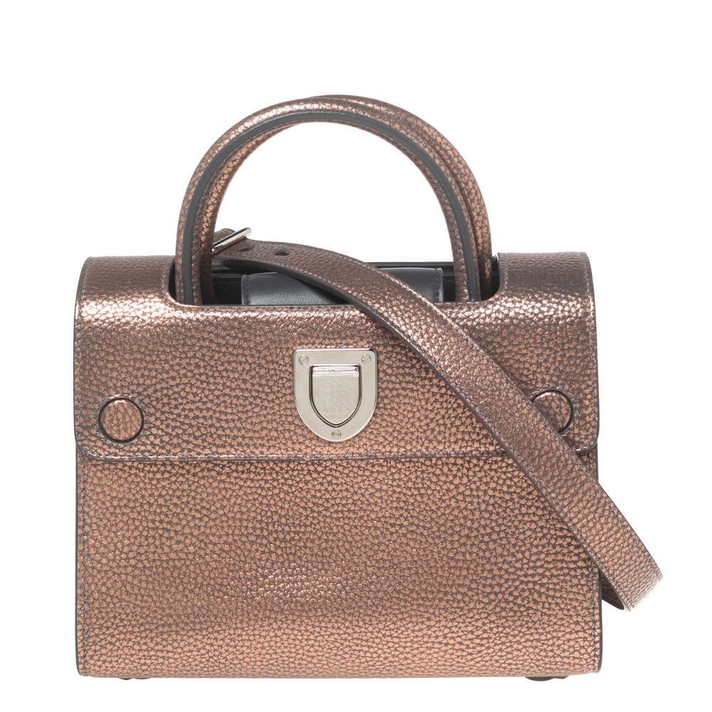 Pre Owned Dior Metallic Copper Pebbled Leather Mini Diorever Top Handle Bag