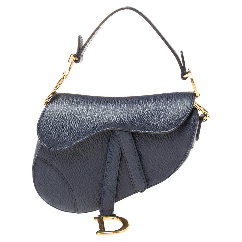 Christian Dior Blue Grained Leather Mini Saddle Bag - Yoogi's Closet