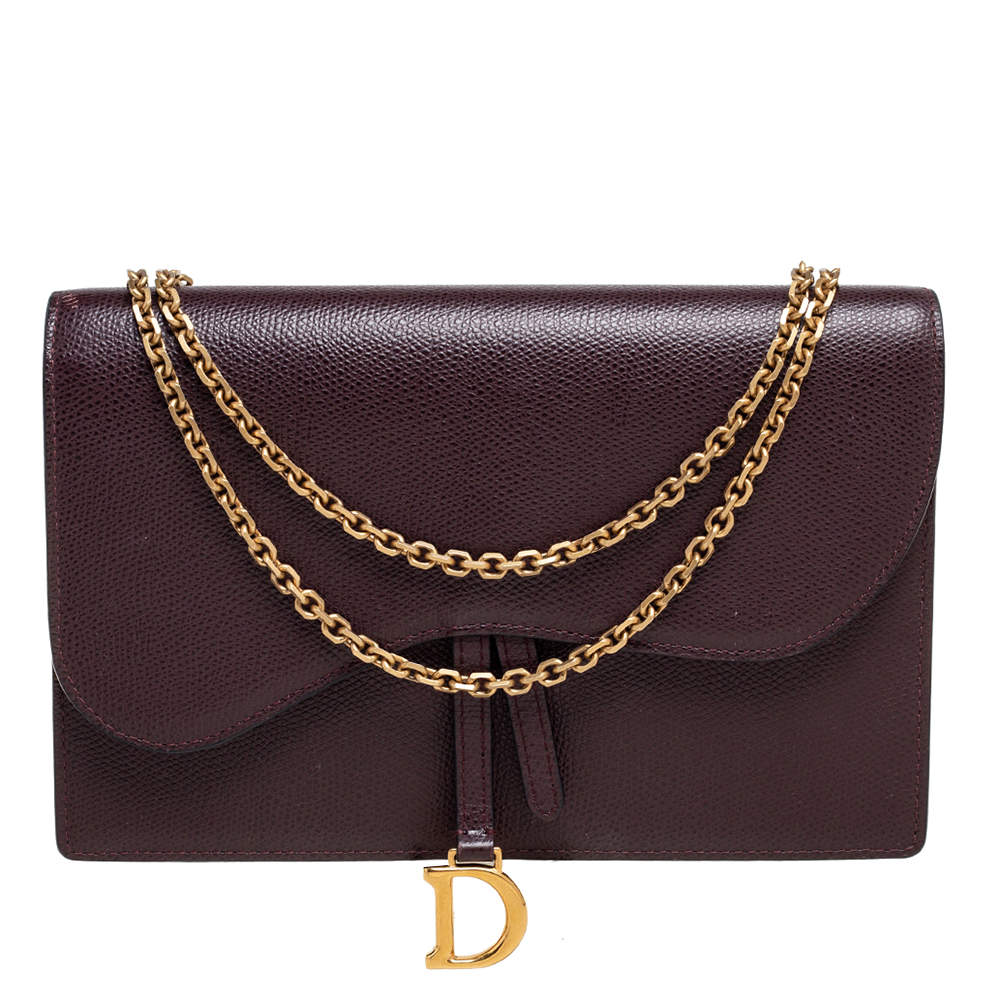 Pre Owned Dior Burgundy Leather Saddle Chain Flap Shoulder Bag