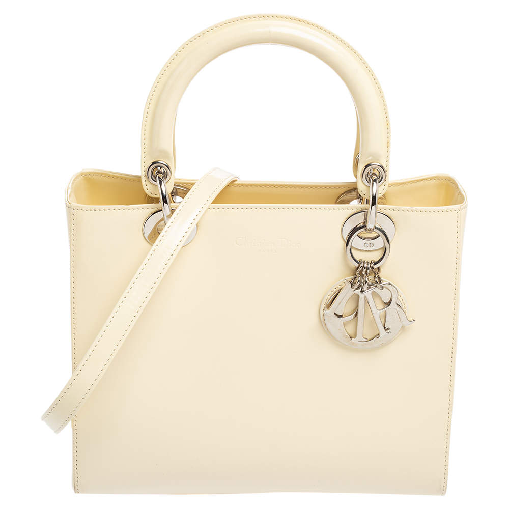 Pre Owned Dior Cream Glazed Leather Medium Lady Dior Tote
