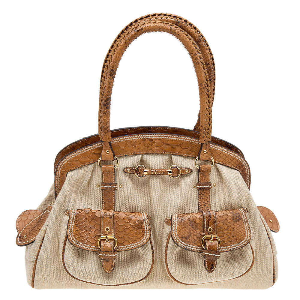 Pre Owned Dior Beige/Brown Canvas And Python Leather Vintage Double Pocket Satchel