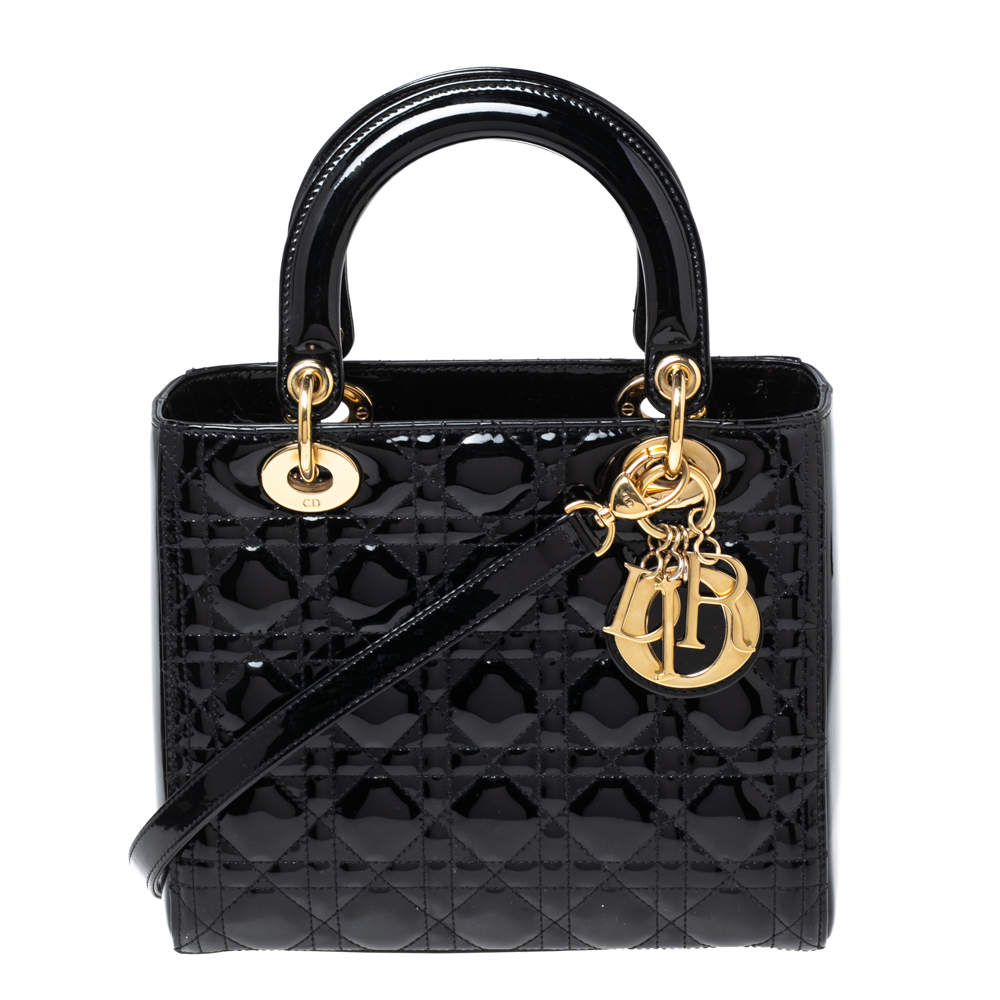 Pre Owned Dior Black Cannage Patent Leather Medium Lady Dior Tote