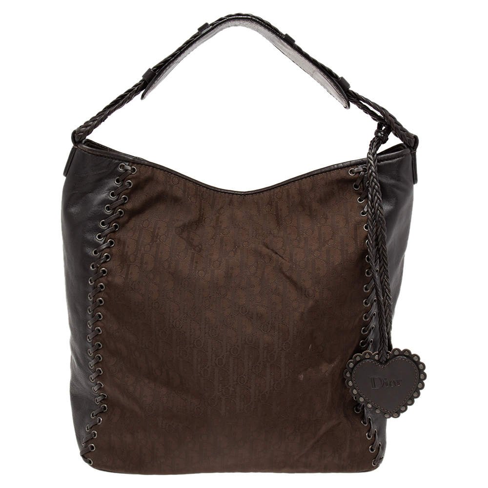 Pre Owned Dior Dark Brown Oblique Nylon and Leather Ethnic Hobo
