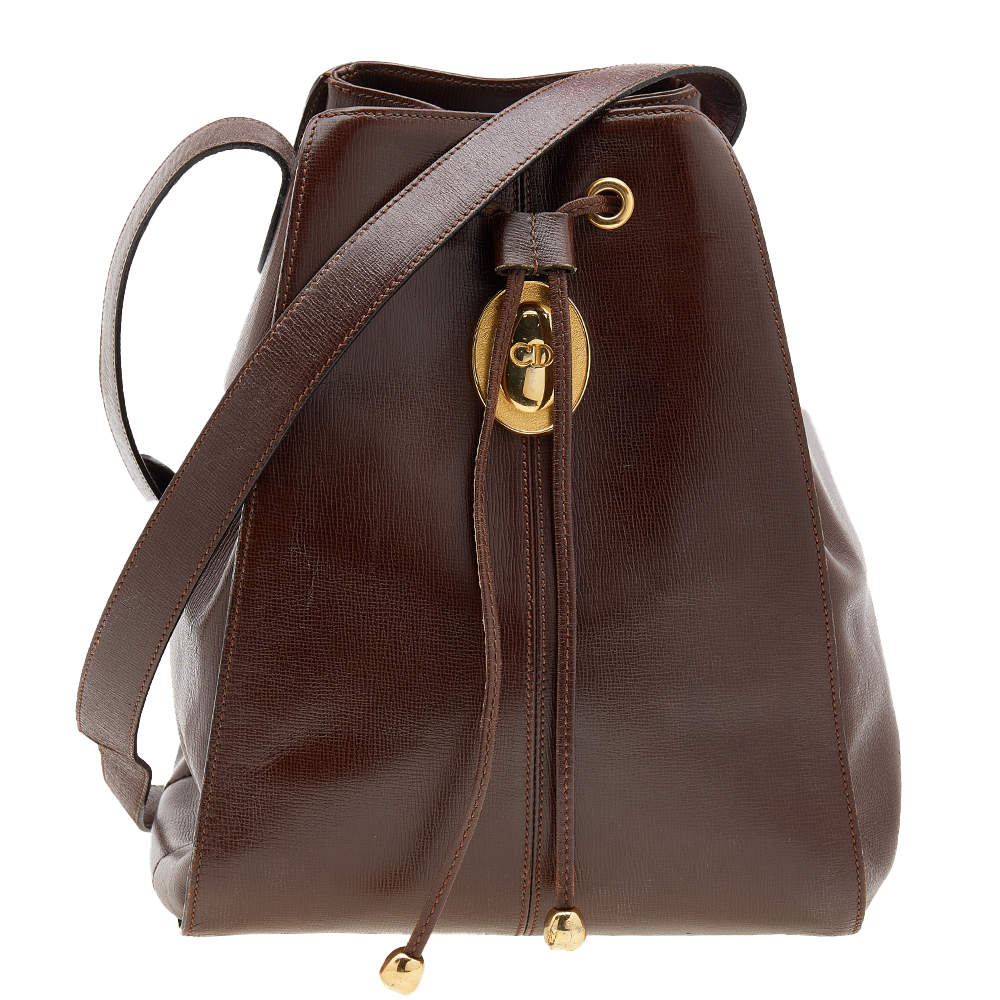 Pre Owned Dior Dark Brown Leather Vintage Drawstring Bucket Bag