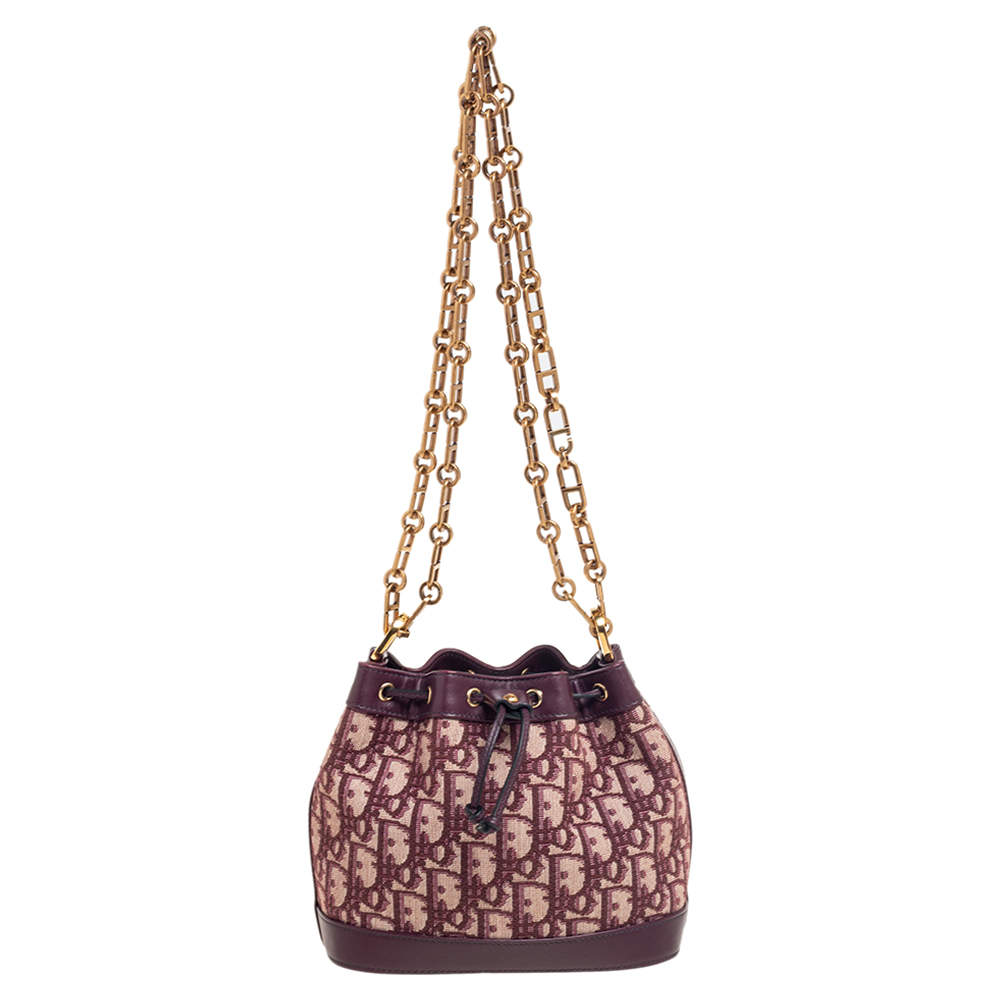 Pre Owned Dior Burgundy Oblique Canvas and Leather Drawstring Chain Bucket Bag